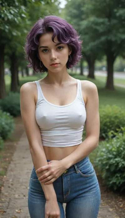 decarloxl, retro colors, 60s, 1girl, solo, in the park, jeans, tank top, purple hair, short hair, looking at viewer, wide hips