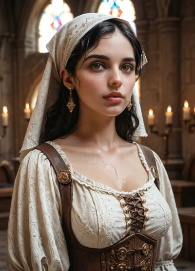 18 years old Spanish girl, porcelain skin tone, innocent looking, dressed in medieval Castilian costume, headscarf around face, medium sized round breasts, alone, earrings, jewelry, front view, facing forward, natural thin lips, very pretty, very long straight black hair, bulging deep brown eyes, heavenly nose, upper body view, in the courtyard of a 12th century castle, detailed background, <lora:580159_training_data:.5>
