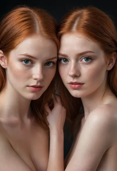 two 18 yo red head twins, one standing behind the other, reach around, fingering vagina, identical twins, high detail faces, Ultra-Realistic Photography, Flickr Trending, Pinterest Trending, Insanely Detailed & Intricate, Realistic, Authentic, Genuine, Natural, Cinematic Lighting, Dramatic, Theatrical, Atmospheric, Evocative, Mood Setting, Award Winning Photography, Acclaimed, Recognized, Famous, Honorable, Award Winning, Sharp Focus, Crisp, Clean, Precise, Clear, Distinctive, Masterpiece Photography, Iconic, Exceptional, Unusual, Stunning, Gorgeous, Studio Photography, Controlled, Polished, Professional, Exquisite, Perfect, Nikon, High Quality, Reliable, Durable, Precision Engineering, Cutting Edge, Unfiltered Photography, Natural Looking, Unedited, Raw, 8K Photography, High Resolution, Crystal Clear, Ultra Detailed, Breathtaking, Realistic Skin Texture, Photorealistic, Hyperrealistic, Hyperrealism, Very Realistic, Extremely Realistic, Highly Accurate, Stunningly Accurate, Highly Detailed, Intricate, The highest quality image that showcases photorealism with vibrant light and dynamic pose. The details are intricate and crystal clear, making it a masterpiece in ultra-high resolution. Indirect lighting enhances the realistic material texture and fine details. The background is detailed, and the subject is captured in a full-size photograph with the entire body visible. 85mm lens, 4k, Canon 5D, ZEISS lens, high quality, sharp focus, shot on Canon EOS R6, 135mm, 1/1250 sec, f/2.8, ISO 400, ALL SIZE PHOTO, full body visible
