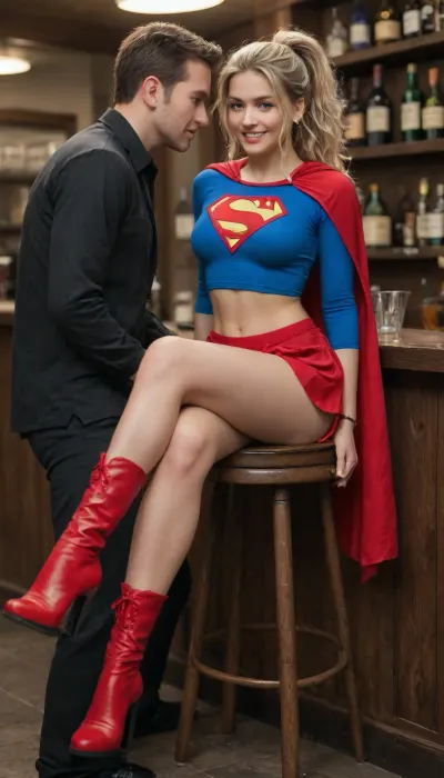 A gorgeous girl at a nightclub, thin, tanned skin, blonde hair with ponytail, messy fringe, 22 years old, she is wearing iconic supergirl outfit with dark blue long sleeve tight shirt with supergirl symbol, woman wearing red cape and red skirt, woman skirt covers part of her legs exposed, woman wearing knee height red boots, perfect medium tits, smiling, pink lips, ((sitting on man's lap in bar stool, crossed legs)), man caressing woman legs