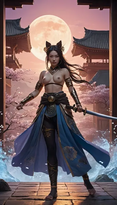 A barely clad warrior woman with flowing obsidian hair and glowing violet eyes strides through a chaotic Japanese fantasy video game world where reality flickers between dream and nightmare. Her skin shimmers like polished moonlight, barely covered by a scandalous arrangement of silk and golden armor that clings to her curves like an afterthought. Twin katana rest at her hips, their blades pulsing with ghostly blue fire, and every step she takes leaves behind glowing lotus petals that drift upward before vanishing into the neon-infused twilight.

The world around her is a fever dream of ancient myths colliding with corrupted code. Towering pagodas rise and twist in impossible spirals, their eaves lined with spectral foxes that whisper forgotten spells into the wind. A blood-red torii gate flickers between states of existence, sometimes solid, sometimes an outline of glowing kanji that ripple like water. Below, a river of molten gold flows through the valley, koi fish the size of elephants leaping from its depths, their scales reflecting past and future like a broken mirror.

Chaos dances in the streets of an ever-shifting Kyoto. Masked samurai duel in slow-motion atop rooftops that tilt and warp like living creatures, their strikes sending shockwaves of crimson cherry blossoms exploding into the air. A gang of ninja spirits, their bodies flickering like candle flames, leap through portals torn into the sky, their kunai leaving digital afterimages of ancient battle hymns. Enormous oni, their skin cracked like volcanic stone, march through the city wielding kanabo clubs made of crackling lightning, their roars distorting the very fabric of the world.

Above, the sky churns with floating paper lanterns that flicker between traditional warm light and cold digital glitches. The moon splits into fractured pieces, each fragment showing a different scene—one moment a serene mountain temple, the next, a futuristic skyline where cybernetic geisha perform hypnotic dances on hovering platforms. Golden kanji symbols drift lazily through the air, rewriting history in real-time, their meanings constantly shifting between prophecy and corrupted game code.

At the center of it all, a colossal palace pulses like a living heart, its walls shifting from jade to glass to burning parchment covered in ancient ink. In front of its massive gates, a warlord wrapped in a cloak of restless shadows awaits, gripping a nodachi so massive it bends the very air around it. The warrior woman smirks, rolling her shoulders, her barely-there armor shimmering as the world holds its breath. Then, with a crack of thunder and the distant chime of a game notification, the battle begins, and the universe itself trembles in anticipation., (nudity:1.3)