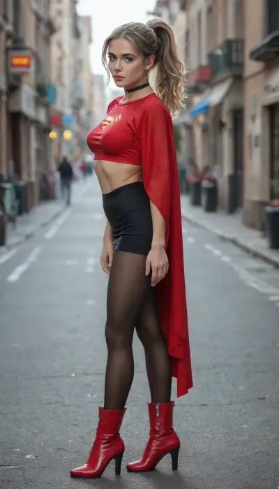 full body view, 27-year-old woman, 1.76 meters tall, measurements 92-71-92, athletic body, very beautiful classy girl, best quality, masterpiece, high resolution, fair skin, intensely red full lips, messy and windy hairstyle, long hair with ponytail, blonde with blue eyes, ultra deep tanned, perfect bust, beautiful detailed eyes, depth blur, visual key, vibrant, very detailed, tight dark blue long sleeve top with supergirl symbol, red cape with supergirl symbol, fancy sexy small red cropped skirt, fine black choker, knee high red boots, black pantyhose, soft and warm lighting, ultra-detailed, street ambiance, side view, woman sensually walking
