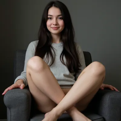 18 years old cute girl sitting in a chair, her legs are crossed, shy, european face, black long hair, short body, she wears a thick sweater, friendly little smile, white skin, ((casual photo)), (moody photography:1.8), very high quality, photo realistic, Canon photo, very detailed, very natural