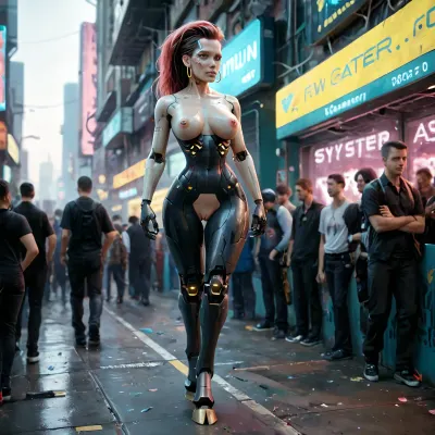 a cyborg redhair woman with robotic body except her boobs and pussy, excybertechsdxl, full body shot, Robot, Skin, Android, walking in cyberpunk park, crowd, hooves, cyber hooves, ((absurdly tight waist)), clitoris, ((vulva)), <lora:robot_skin_XL_1.0.6:.6>, <lora:excybertechsdxl:1.1>, <lora:Microwaist_XL_v01:2>, ((robotic body))