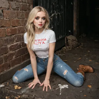 20 years, innocent girl, super model Russian, big eyelash, light blonde long hair, wearing unbothered white tight shirt, skinny jeans and boots, after sex in a dark and dirty alley at night, kawaii, makeup, bukkake, cum, <lora:KawaiiMakeupXLv2:.7>, <lora:MS_Real_XL_Bukkake:.6>