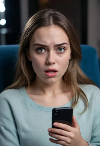 UHD 8K, (shy Christian girl sitting in an armchair and staring at her phone), (it is dark and her face is illuminated by the blue light her smartphone), (she is shocked and disgusted as she discovers that someone posted deepfakes of her on the Internet), (horror-struck), (night time), (her mouth is wide open in shock), (she is frowning), (she is extremely taken aback), (her gaze is locked her phone's screen), (realistic proportions), (perfect hands), surprised, look, girl, (girl frowning in disgust:1.5), (shocked:1.2)