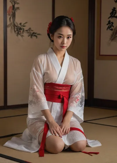 A young woman in a sheer, white, transparent see-through lace kimono-style robe with a red obi sash, seated in a kneeling position on a tatami mat, in front of a traditional Japanese style scroll painting, emphasizing the subtle details of the fabric, the woman's posture, and the traditional setting.