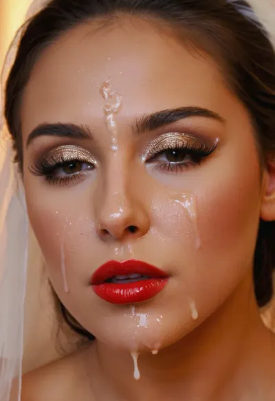 bukkake, cumshot, facial portrait picture of the Bride face in cum facial, with heavy makeup and a lot of makeup, a lot of Cum on her face, cum on her long black eyelashes, Cum on her eyelids, Cum on her cheek skin, her face wet with Cum, Cum on her red lips. cum on her wedding tail., woman, cum, on, face, <lora:JustCum:.5>