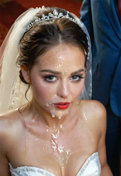 a full body image, bukkake, cumshot, facial portrait picture of the Bride face in cum facial, with heavy makeup and a lot of makeup, a lot of Cum on her face, cum on her long black eyelashes, Cum on her eyelids, Cum on her cheek skin, her face wet with Cum, Cum on her red lips. cum on her wedding tail., woman, cum, on, face, <lora:JustCum:1>