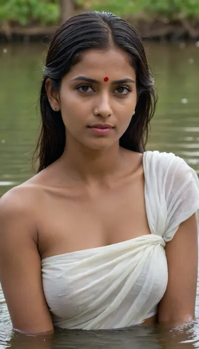 A serene dawn in a quaint Indian village, where a beautiful widowed milf, adorned in a simple yet elegant white cotton sari, with no blouse finds solace in the communal tank. The tender light of the early morning sun kisses the surface of the water, casting a warm glow across the scene as she gracefully submerges herself in the sacred waters. Her whole body is wrapped modestly in the white sari. However the saree is completely drenched from the water, clings to her curvaceous body, making it almost transparent and revealing the outline of her ample bosom and the lush bush of her pubic hair. Her voluptuous breasts, peek through the wet fabric, the pebbled areolae of her dark nipples standing proud against the sheer, clinging material. Her forehead is bare, (no bindi or sindoor), suggesting her widowed status. The woman's eyes, filled with a sense of peace and liberation, reflect the soft hues of the sky above, as she allows the cool water to wash away the burdens of her past and embrace the purity of the moment. Her wet hair, slicked back from her face. The tranquil scene is a testament to the raw beauty and sensuality of the female form, unfettered by societal norms, as the widow embraces her newfound freedom in the most natural and sacred of settings. The shot is close up and the viewer see only the widow and the water surrounding her