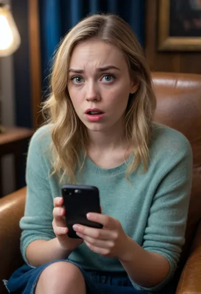UHD 8K, (shy Christian girl sitting in an armchair and staring at her phone), (it is dark and her face is illuminated by the blue light her smartphone), (she is shocked and disgusted as she discovers that someone posted deepfakes of her on the Internet), (horror-struck), (night time), (her mouth is wide open in shock), (she is frowning), (she is extremely taken aback), (her gaze is locked her phone's screen), (realistic proportions), (perfect hands), surprised, look, girl, (girl frowning in disgust:1.5), (shocked:1.2), (hot bitch:1.2), (northern European), (dirty blonde), (freckles)