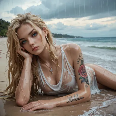 Beautiful sexy woman 20s, beach, stormy day, heavy rain, tall, slim, stud necklace, wet, extremely long blonde hair, messy hair, tattoo, pout, huge boobs, laying down, blue eyes, long legs, nice hands, perfect fingers, nsfw