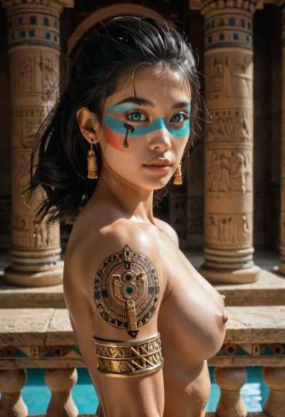 Upper body view, close-up of boobs, focus on boobs, young beautiful 18 years old girl, Asian, toned muscles, slim, bright turquoise eyes, naked, bob hairstyle, straight black hair, girl squeezes her boobs, ritual face paint, ritual makeup, ritual crown, ritual jewelry, gold jewelry, body is completely covered with runic tattoos, view from inside the temple, balcony of an ancient Egyptian style temple