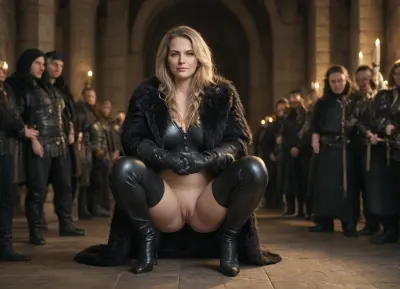 beautiful, realistic rendering, Fire lighting, viking style, (mature_face:1.4), (perfect_face:1.9), A photography of beautiful sexy slender 60 year old blonde woman, shaved pussy, ((((leather armor)))), long blond hair, green eyes, ((((very long black fur coat with lined hood)))), (black boots high heels), (black leather stockings), curling skirt, banquet room in medieval castle, on knee on the floor, ass open, opening legs, several people behind woman, torches, candles, fireplace, solo woman