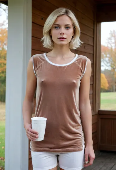 (masterpiece, best quality:1.2), 1 girl, swedish film character Rebecka Martinsson, solo, no pants, barefoot, (light brown baggy sleveless oval neck velvet t-shirt and white cotton fabric slip:1.4), outdoors, shoulder length white blonde hair, bright ice blue eyes, short haircut with side parting, messy morning hair, necklace with pendant, Standing on the on the porch of a wooden Swedish weekend house in autumn landscape, she looks into the distance, serious look, (she holds a porcelain cup of coffee:1.4), view from below, photorealism, braless, Wearing, clothes, that, make, sense, with, Braless>, <lora:bralessSDXL_v1_00022:.5>