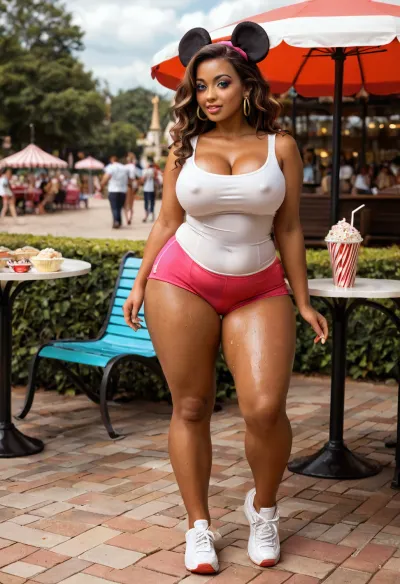 a young mom is at an amusement park with a mideaval castle in the background, theme park, carnival atmosphere, popcorn, lollipops, candy, cafe, dining table and chairs, sun umbrellas for the tables, paved narrow road with side walks, blue skies with a few white clouds, ballons in the background, short curvy latina, busty big round boobs, fit thighs, thick shoulders, pudgy tummy, (long black straight hair), brazillian ass, wide hips, slightly chubby, blue eye shadow, thick eye liner, glossy lips, (brown skin:1.5), wearing high waisted polyester yoga shorts, cameltoe, solid white tank top, cleavage, slightly sweaty, sparse crowd of amusement park goers, professional social media photo, candid style photo, high key, eye level, side view, she's walking down mainstreet, wearing a small bag over one shoulder crossbody, Minnie mouse mickey mouse ears, white sneakers, looking towards horizon, averted gaze, looking away, full body in frame