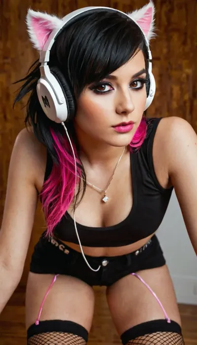 a vibrant 25-year-old gamer, exuded an irresistible blend of emo and e-girl aesthetics, a throwback to the MySpace era with a modern twist. Her petite frame was adorned in a playful ensemble, a cropped top that revealed a sliver of smooth skin, fishnet stockings that teased with glimpses of her toned legs, and white stockings peeking out from beneath a pair of short shorts. Her two-toned scene hair, a striking contrast of black and vibrant pink, framed a face expertly painted with dramatic scene makeup – smoky eyes, winged eyeliner, and a splash of bold color on her lips. A pair of cat-eared headphones, perched atop her head, completed the look, adding a touch of maximum cuteness to her already adorable appearance.
