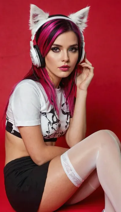a vibrant 25-year-old gamer, exuded an irresistible blend of emo and e-girl aesthetics, long two-tone emo hair, a throwback to the MySpace era with a modern twist. Her petite frame was adorned in a playful ensemble, a cropped top that revealed a sliver of smooth skin, fishnet stockings that teased with glimpses of her toned legs, and white stockings peeking out from beneath a pair of short shorts. Her two-toned scene hair, a striking contrast of black and vibrant pink, framed a face expertly painted with dramatic scene makeup – smoky eyes, winged eyeliner, and a splash of bold color on her lips. A pair of cat-eared headphones, perched atop her head, completed the look, adding a touch of maximum cuteness to her already adorable appearance.