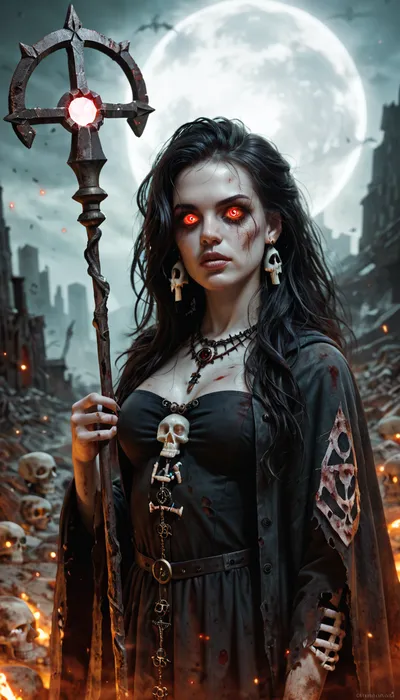 Female, a beautiful necromancer priestess in a post-apocalyptic fantasy style. She has long, flowing dark hair and striking mystical eyes. Her outfit is made of dark, tattered fabrics adorned with bones, skulls, and other necromantic symbols. She wears intricate jewelry with occult designs and holds a staff topped with a glowing crystal. The background is a desolate, ruined landscape that emphasizes her dark beauty and power.