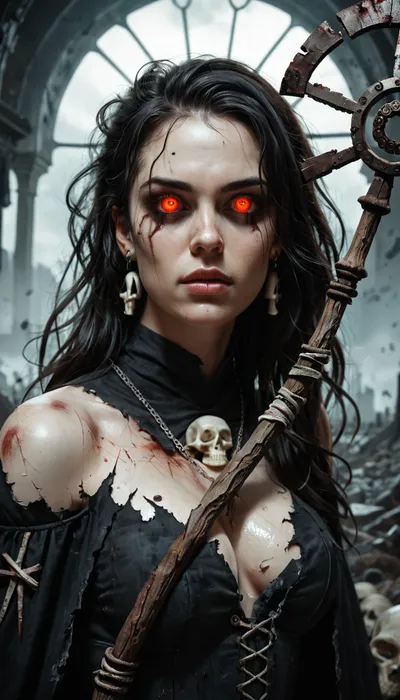 Female, a beautiful necromancer priestess in a post-apocalyptic fantasy style. She has long, flowing dark hair and striking mystical eyes. Her outfit is made of dark, tattered fabrics adorned with bones, skulls, and other necromantic symbols. She wears intricate jewelry with occult designs and holds a staff topped with a glowing crystal. The background is a desolate, ruined landscape that emphasizes her dark beauty and power.