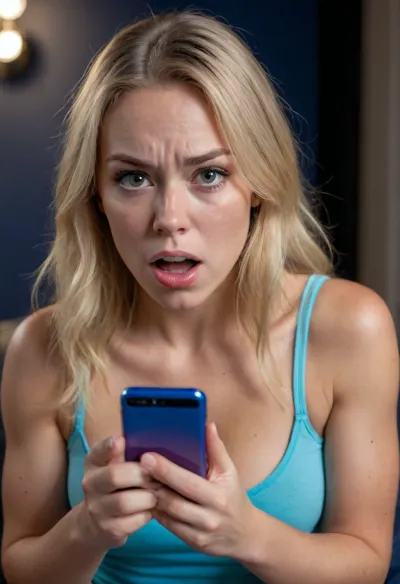 UHD 8K, (shy Christian girl sitting in an armchair and staring at her phone), (it is dark and her face is illuminated by the blue light her smartphone), (she is shocked and disgusted as she discovers that someone posted deepfakes of her on the Internet), (horror-struck), (night time), (her mouth is wide open in shock), (she is frowning), (she is extremely taken aback), (her gaze is locked her phone's screen), (realistic proportions), (perfect hands), surprised, look, girl, (girl frowning in disgust:1.5), (shocked:1.2), (hot chick:1.2), (northern European:1.2), (dirty blonde:1.2), (tanned), (freckles:1.1), (Swedish fitness girl:1.2), (disappointed expression:1.5), (big tits)