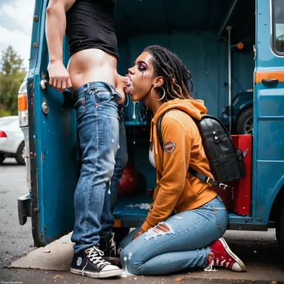 Wide shot, from 25 feet away, side view, Gorgeous 18 year old dark skinned girl with light makeup wearing tight jeans and a hooded sweatshirt and hightop converse and backpack, kneeling next to open driver's door of a big rig truck parked at a truck stop, deepthroating the fully dressed driver's thick cock, driver seated in the truck, (sloppy+blowjob+deepthroat+balls deep+vomcum), (crying+gagging+gasping+struggling+breathless+suffocating), (excess cum+cum overflowing from mouth+creampie), (sweat+spit+drool+tears+cum+dripping from her face), (smeared makeup+mascara streaks)