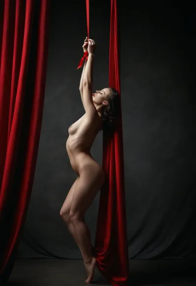 a nude female figure suspended from a red ribbon, grasping a red curtain. The background is a blurred gray wall with a white circle, and the overall style suggests a fetish or BDSM theme. To replicate this image using AI image synthesis tools, please create an image that perfectly captures the following details, * The naked female figure, with focus on her curves and anatomical proportions * The vibrant red ribbon, with a subtle sheen and texture that suggests silk or satin * The flowing red curtain, with a sense of movement and drama that draws the eye upward * The blurred gray wall with a white circle, with a subtle gradient effect that adds depth and dimensionality * The overall fetish or BDSM theme, with possibly some props or accessories that enhance the sensuality and intimacy of the scene Please ensure that the resulting image is visually stunning and faithful to the original, with attention to detail that makes it almost indistinguishable from the inspiration.