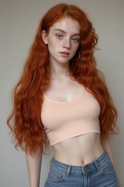 Full body shot, 20 year old ginger girl, lots of freckles, light red hair, very curly hair, mullet, small upturned nose, thin lips, big eyes, skinny body, lanky body, thin crop tops shirt, no bra, low-cut baggy blue jeans