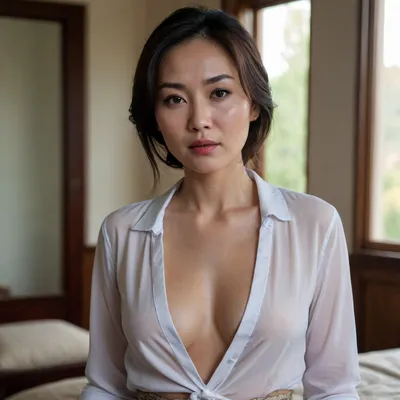 Kazakhstan milf, asian, unbuttoned shirt, dressed, small saggy tits, deep neckline, braless, bottomless