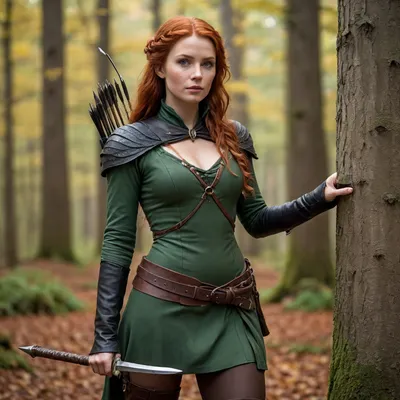 In the midst of Sherwood Forest, there exists a legendary figure, a red-haired female Robin Hood, as elusive and cunning as her male counterpart. Standing at an average height, her fiery hair cascades down in loose waves, the color of freshly fallen autumn leaves. A stray curl often escapes her tightly bound, practical braid, framing her sharp, freckled face. Her green eyes, the color of the forest after rain, are always alert, scanning the surroundings with a mix of mischief and determination.

Her skin, kissed by the sun, bears the marks of many days spent in the wild—tanned but strong, the skin toughened by both the wind and the trials of forest life. Her lips, often pulled into a sly grin, betray her playful yet fearless spirit. The hardened expression of a woman used to hardship softens only for her comrades, where her confidence shines through.

Her attire is a blend of practicality and defiance against the established norms of the time. She wears a deep green tunic, sewn tightly to her frame for ease of movement, paired with dark brown leather trousers that fit snugly around her legs, giving her the agility needed for quick maneuvers through dense woods. The tunic, crafted from soft wool and dyed with a mixture of natural plant-based dyes, bears the occasional stitch of wear, but it remains well-maintained, showing her resourcefulness.

Over her shoulders, she dons a dark leather cloak, weather-beaten from years of travel and rebellion, fastened with a simple silver brooch—a symbol of her defiance. The cloak billows behind her, providing some cover when she needs to hide in plain sight. Her boots, worn but functional, are high enough to protect her from brambles but flexible enough for rapid footwork on rugged terrain.

On her hands, she wears a pair of fingerless gloves, allowing her to grip her bow with ease. Her bow itself, crafted from sturdy yew, is slung over her back along with a quiver of arrows, each fletched with a feather of bright red—her own signature mark. A small knife, sharp and efficient, rests at her waist, hidden beneath the folds of her tunic, ready for use when needed.

Her presence, marked by her red hair and striking attire, makes her a feared and admired figure in both the woods and among the oppressed. To those who stand for justice, she is a symbol of hope. To her enemies, she is a shadow in the trees, too swift and elusive to capture.