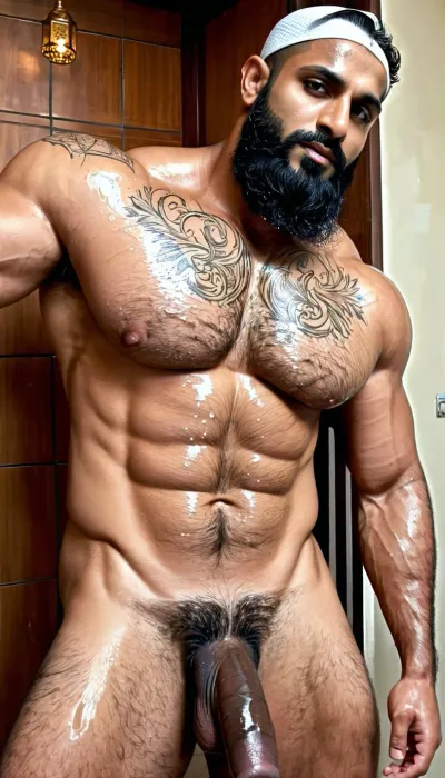 ('Aslam Pathan' and 'Afzal Khan' wearing Pakistani Police uniform), Very ruggedly handsome Big Muscular Indian Muslim bodybuilder getting naked inside the Mosque bathroom, ((large circumcised black dick)), (Handsome and Hot Muslim hunk with very long beard), dark and rough Muslim men, (40 year old, Muslim, tall muscled Arab Indian dark male, rough, dominant, daddy, (hairy armpits and Chest), bodybuilder, perfect fingers, oily Sweaty body, dilf, Big seductive eyes, Wet body, rain drops, ultra sharp high definition details, pubic hair, professional photography, insanely detailed, RAW photo, HDR, hyper-realistic, cinematic lighting, photo realism, ((Married Muslim Man is Wet from Sweat, white Mesh Muslim prayer Cap, intricate tattoos)), lustful eyes, menacing attitude, softlight, dark illumination, bathroom tiles having arabic language displayed), penis, Big, cock, <lora:xpenis-1.5e:.5>, <lora:pein:.5>