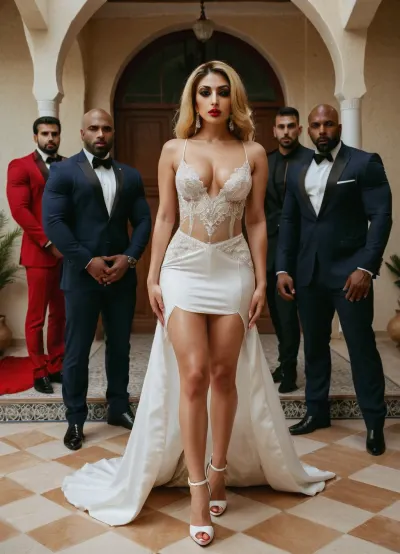 a photo of a Iranian sexy slut Bride, heavy red makeup, Blonde, cute, white high heels, Surrounded by several muscular black men, luxury villa, <lora:XL_FDOneNudeFemale:.3>
