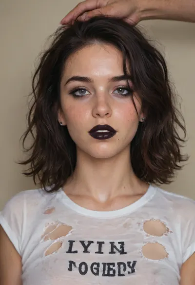 a beautiful prostitute with the face of a supermodel, black hair, ((black lipstick)), full lips, slutty dark eye makeup, cum on her face, her shirt torn apart, 35 years old, VIP escort, dirty sloppy hair, a man's hand grabbed her hair, pale white skin, exhausted look with secret enjoyment, slutty, dirty, drunk, saggy tits, <lora:315758_training_data:.8>