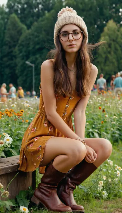 sexy hipster brunette 20 years old, tall and skinny, big pussy, tiny tits, outside, flower summer ripped dress, vintage leather boots, looking at the camera, big round glasses, Beanie's hat with hipster jewelry, naught cute charming face, extreme hairy pussy, open legs, showing her pussy, hands on hair, public park