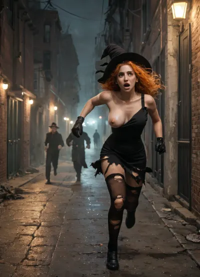 The last witch of Victorian London escapes from hunters in dark alleys. 1girl, girl_running, breasts, frightened solo, hat, thighhighs, multiple_men, photo_background, witch_hat, dress, clothes_lift, torn_dress, large_breasts, torn_clothes, ((one_breast_out:.7)), escaping, nipslip, nipple, fear_expression, fear, gloves, red_hair, orange_hair, night, city, dark_alley, outdoors, long_hair, witch, ((running:.7)), fog, runaway, cowboy_shot, running_away_from_a_group_of_men, torches