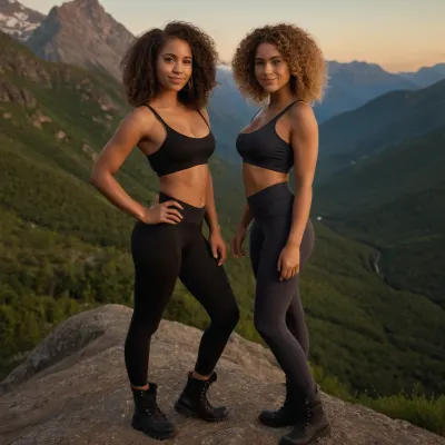 3 women  posing for a photo in sexy hiking clothing, shy smile, leggings, boots, posing sensually, early evening, summer, mountains in the background, 18 year old young adult mixed race girl, (small, not tall), pixie cut blond curly hair, narrow face, strong nose, A pretty, 24 year old young adult black american girl, pixie cut long ginger curly long hair, smiling, a third girl, 28 year old, latina, navel_piercing, long_hair, realistic, black, blond, ginger curly hair, clothes_lift, brown, eyes, curly, full body, lips, best quality, photorealism, masterpiece, huge, breasts, massive, anathomical eyes, perfect faces, realistic photo, very_long_hair, melanin, Tyla, south, african, singer, NXMR, <lora:Tyla_South_African_singer:.5>, <lora:NXMR Nissan X-Trail:.5>