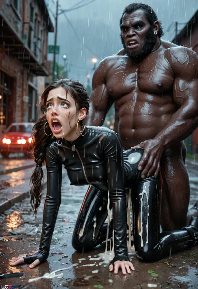 rainy day, 19 years old, caucasian, beautiful long ponytail, black hair, innocent russian model, freckles, full lips, big eyes, innocent look, screaming in pain, crying, hurt, excited expression, petite body, wearing tight latex club pants, open zipper club pants showing her big tits, boots, fucked from behind, doggy style fucked, fucked by a giant gorilla with a huge cock, in an abandoned gas station at night, creampie, cumshot, anal, a lot of cum, detailed background