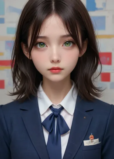 (anime drawing:1.6), (artwork, digital painting, flat colors), cute anime schoolgirl, (slightly wavy long black hair, large green eyes, cherry-red lips, slightly asian slavic face, very cute, (highly detailed hair, highly detailed eyes), pale skin, (babyface:1.4), (lolicon:1.4), (teeny:1.4), tall, sporty, supermodel lookalike, (torpedo tits, medium pointed breasts:1.3), (conical breasts protrude forward really hard), smooth knees, long slender legs), (highly detailed hair, highly detailed eyes), (well-dressed, elite school uniform, white button-up shirt, light-blue blazer, blue tie, tartan super short miniskirt), making homework in her room, (anime reality background:1.5)