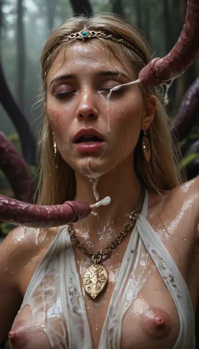 (Realistic:1.2), In a foggy swamp, close up face, beautiful blonde Rachel, (wearing her circlet, pendant, wet white ancient Greek dress), very long elegant hair, (She is violently fucked standing by a tentacles monstre grabbing her whole body, ejaculating all over her body:1.4), (her hands are tied up on top of her head, showing armpits), slim body, closed eyes, moaning, blush, ((big natural breasts, puffy aerolas, puffy nipples)), very sweaty, (hairy ginger pussy), (huge creampie), <lora:add-detail-xl:.5>, <lora:sunnyrayyxo_v1_SDXLBase:.4>