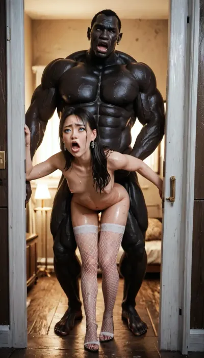 interracial, anime style, dark coridor, window, night, long hair, tall, beautiful 4k asian, small breasts, perfect face details, jewelry, bent forward, tall african brute, muscular black brute, standing, black brute fucking doggystyle, massive cock fucking, rough sex, sweaty, midnight illuminate, models face and body, perfect detailed blue eyes, open boobs, big boobs, hard nipples, creating dramatic chiaroscuro effects, sexual intercourse with black brute, fat lips, looking upfront, dirty wall sex, aggressive, sweaty woman, fishnet stockings, scared face, woman struggling, two black men fucking one woman, hotel room entrance door, fantasy, dark room, no light in room, walking away, modern house, steel walls, many black brutes around, gangbang, two brutes behind, group of black men, front view