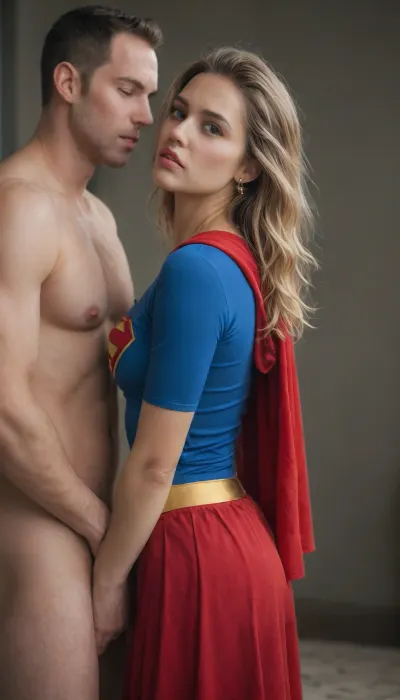 (masterpiece, best quality, highres, photorealistic), supergirl in her iconic outfit with a dark blue shirt and bright red flowing skirt and red cape, she is fucked from behind by a man in a villain suit, big penis, vaginal fuck, side_view, gANBANG, detailxl, look, at, my, prompts, <lora:Microwaist_XL_v01:1.5>