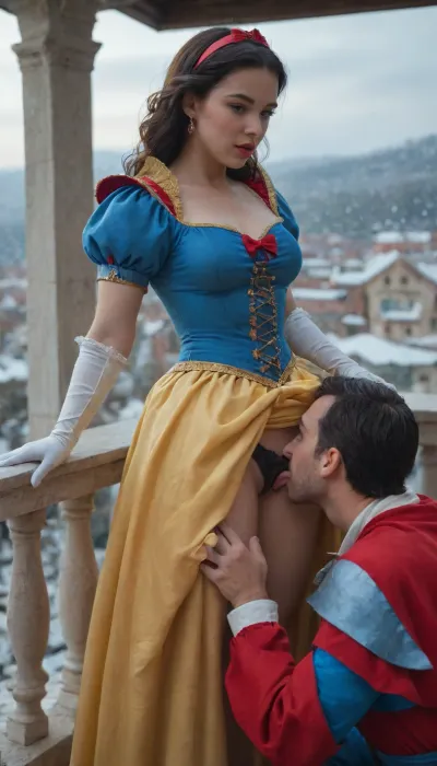 score_9, score_8_up, score_7_up, score_6_up, score_5_up, score_4_up, digital art, realistic, ((Snow White in her iconic dress with a royal blue corset with shoulder pads and bright yellow flowing skirt)), woman black panties down, woman pulling panties aside, man pulling woman panties aside, woman bending on balcony, wide hips, medium perfect tits and medium perfect ass and hips, on a balcony at night with coastal city on background, man dressed as king, panties aside, man licking woman pussy, cunnilingus, dress skirt lifted, man head inside dress skirt