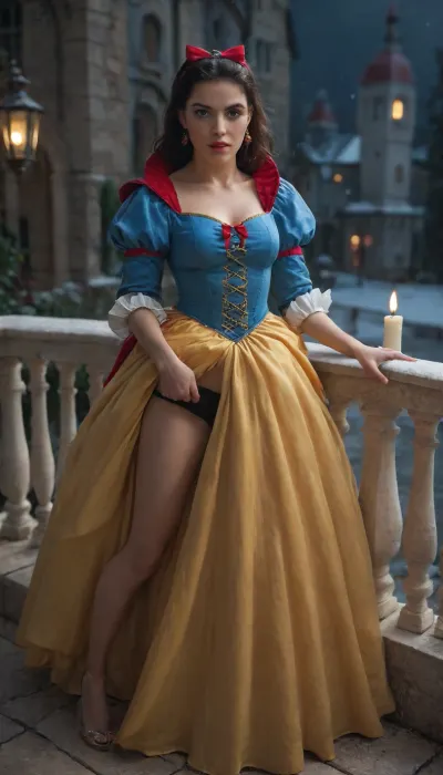 score_9, score_8_up, score_7_up, score_6_up, score_5_up, score_4_up, digital art, realistic, ((Snow White in her iconic dress with a royal blue corset with shoulder pads and bright yellow flowing skirt)), woman black panties down, woman pulling panties aside, man pulling woman panties aside, woman bending on balcony, wide hips, medium perfect tits and medium perfect ass and hips, on a castle balcony at night with candlelights, man dressed as king, woman on her knees, man pants opened, fellatio
