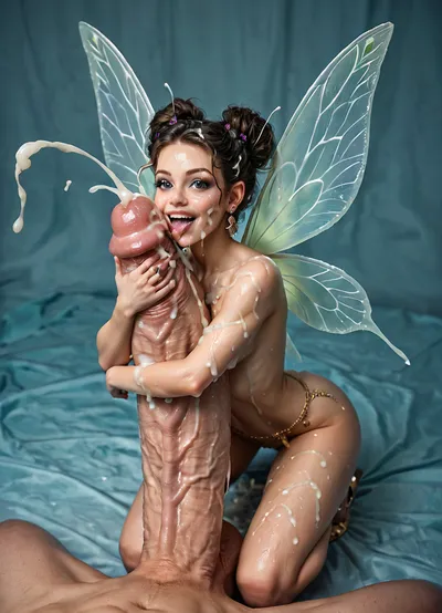 Fairy girl with wings hugging gigantic penis 3 meters tall, diameter 1 meter, ejaculation stream in air, bukkake, cum, <lora:MS_Real_XL_Bukkake:.5>