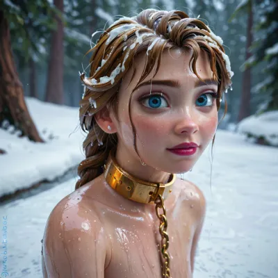 full body view, Frozen from Frozen, displayed naked in Arendelle, gold slave collar, wet body, wet hair.