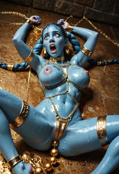 aayla secura, blue skin, blue twilek, extremely curvy hourglass figure, tall, big eyes, erotic, gold harness, gold chains, oiled up, sweaty, natural breasts, fucked by giant writhing anal beads, arched back, gold body jewelry, laying down, spread legs, screaming, body jewelry, body chains, detailed background