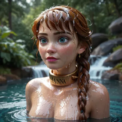 Anna from Frozen, displayed naked in Arendelle, gold slave collar, wet body, wet hair.