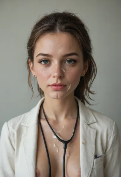 dork, Italian girl, student, smart, small boobs, pointy tits, dorky girl, nerdy girl, geeky girl, cute, geek, nerd, nerdy, facialized, facial, cum facial, cum, cum covered face, cum on face, face full of cum, doctor coat, tits showing, small tits, little boobs, natural breasts, stethoscope, size A breasts, horny, horny face, horny look