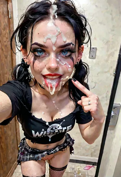 goth girl, emo girl, pale skin, changing room, (smirk face:1.1), pale white skin, (white hair), messy hair, pigtails, top down view, (side view), (taking a selfie:1.6), (finger pointing to mouth:1.6), black shirt, goth makeup, goth clothes, torn fishnet stockings, plaid skirt, cleavage, torn clothes, small breast, perky breasts, skinny face, sharp face features, skinny legs, small ass, skinny thighs, shaved pussy, (cum on face:1.5), (excessive cum leaking from mouth on to chest:1), (excessive cum leaking from pussy:1), cum on pussy, standing up, legs spread, lifting skirt, pink dildo in ass, used condoms, running, dribble, from, tongue, tears, in, mouth, chin, nose, lip, forehead, lipstick, smear, crying, gagged, gagging, gag, half-closed, eyes, closed, oral, invitation, after, fellatio, cum on face cumshot, cumfacial, facial
