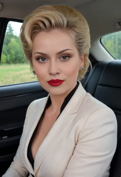 (4K UHD ultra-detailed RAW photo), high detailed, 8k, (photorealistic:1.7), raw photo, close up, face focus, 1/2 body view, soviet mature woman, ((completely clothing)), ((in black formal suit)), (curvy body), ((blonde updo haircut)), 40 years old, perfect face, ((sad:1.3)), blue eyes, makeup, red lipstick, ((sitting on the back seat of a car)), microskirt, extremely, short, skirt, <lora:MicroSkirt_XL:.5>, <lora:580159_training_data:.5>